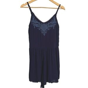 NWT Xhilaration Romper w/Adj. Spaghetti Straps & Embroidered Trim Navy Blue